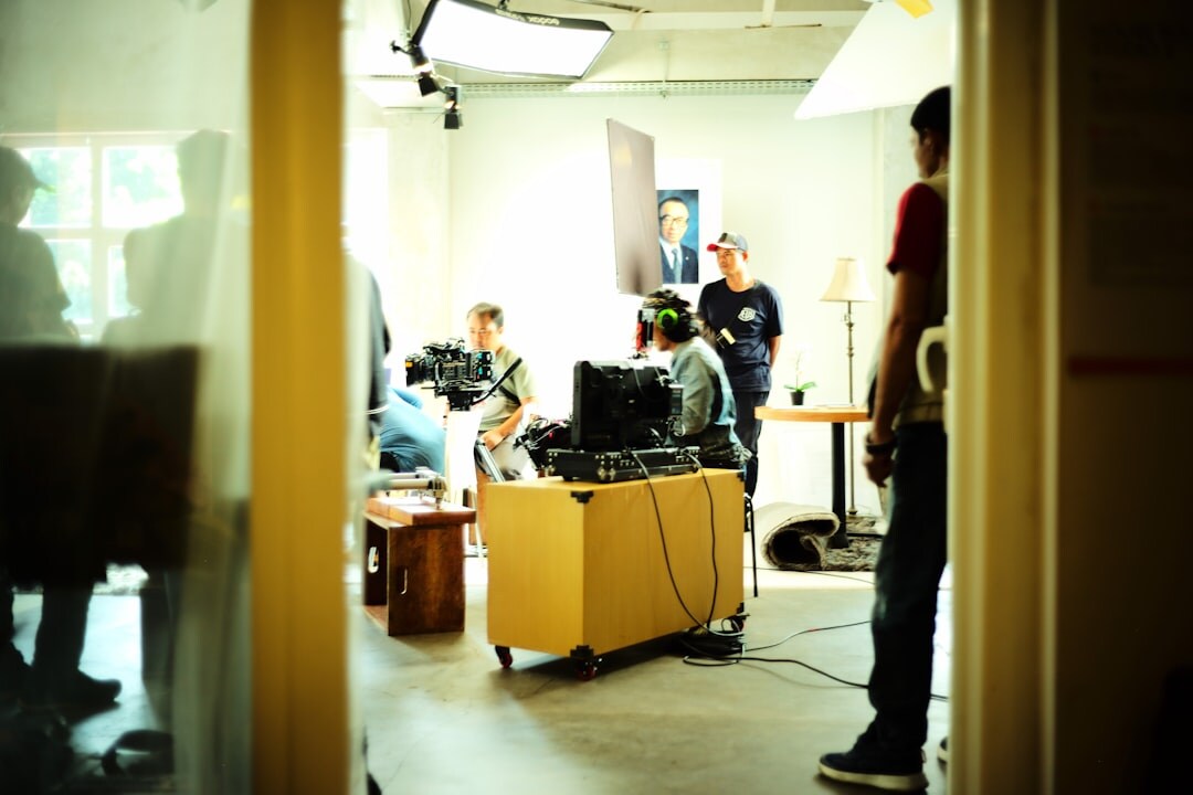 Television broadcast studio with cameras and lighting rigs